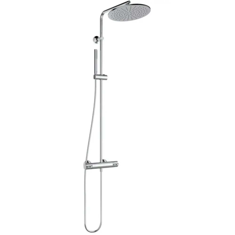 Duschsystem von Ideal Standard mit einem großen, runden Kopfbrause und einem handlichen Brausekopf, montiert auf einem schlanken, verchromten Gestell.